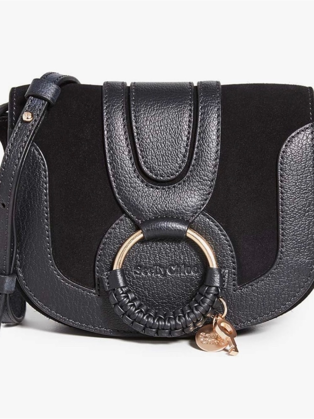 See By Chloe Black Leather & Suede Hana Small Crossbody with Gold Ring